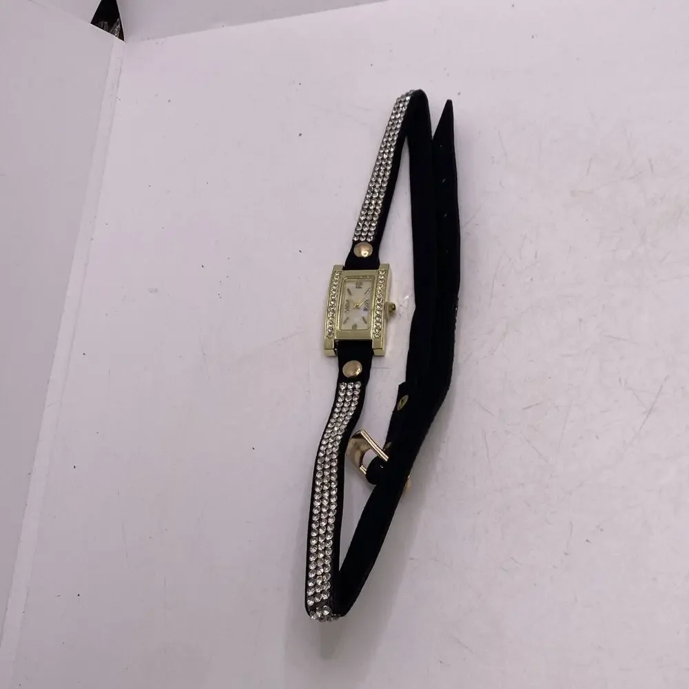 Womens Gold Tone Leather Wrist Wrap Watch New Battery